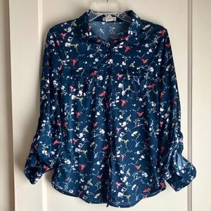 Passport Blue Floral Long Sleeve Button Down Top